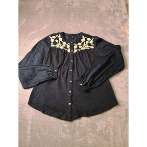 Lucky Brand Blouse Womens Small Blue Embroidered Floral Button Front Boho Top